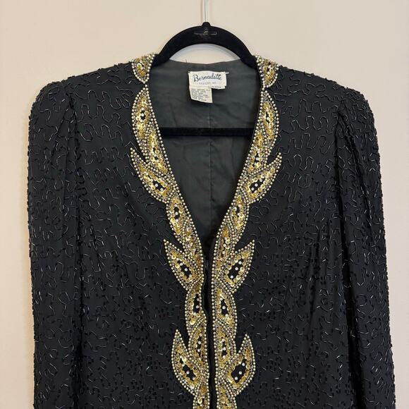 Vintage 80s Bernadette Designs Inc Blazer L Black Silk Beaded Sequin Evening - Picture 4 of 7